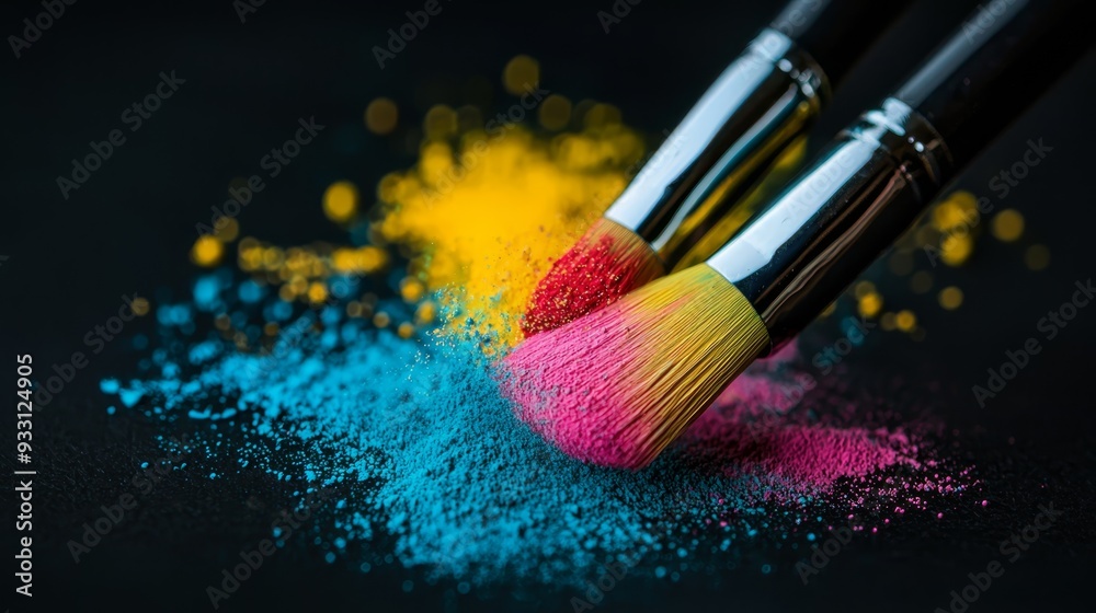 A few brushes atop a mound of powder, hues of blue and yellow dominating, against a dark table A few brushes atop a mound of powder, hues of blue and yellow dominating, against a dark table