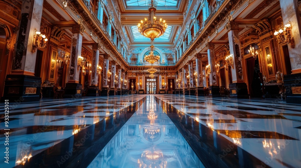 Fototapeta premium A grand historical hotel with vintage decor opulent chandeliers and classic architecture