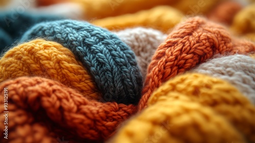 Close-up of a vibrant knitted sweater featuring autumn colors in a cozy fall setting photo