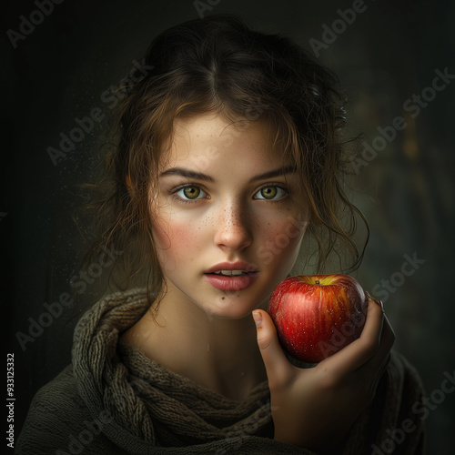 A stunning portrait of a young woman holding a red apple, blending realistic detail with artistic brushstrokes, exuding natural beauty and a healthy lifestyle.