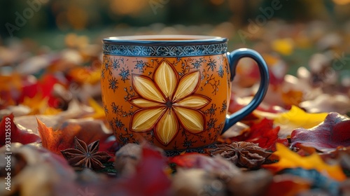 Close up of a spiced cider mug surrounded by colorful autumn leaves in a serene outdoor setting photo