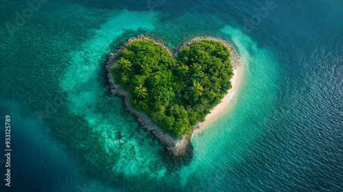 Aerial view of heart-shaped tropical island