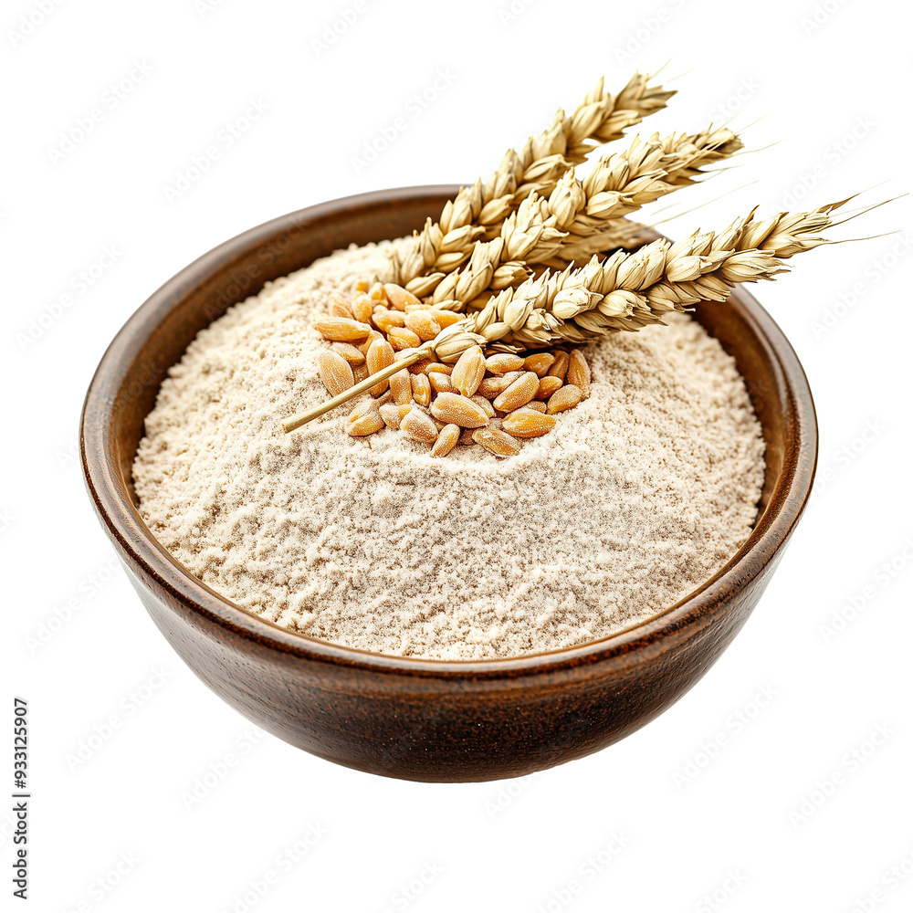 Whole grain wheat flour in bowl isolated on transparent or white background. Top view Whole grain wheat flour in bowl isolated on transparent or white background. Top view