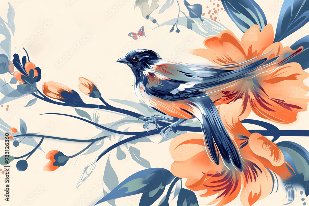 Elegant greeting card featuring a colorful bird, blooming flowers, and a motivational quote about dreams and spirit soaring Elegant greeting card featuring a colorful bird, blooming flowers, and a motivational quote about dreams and spirit soaring