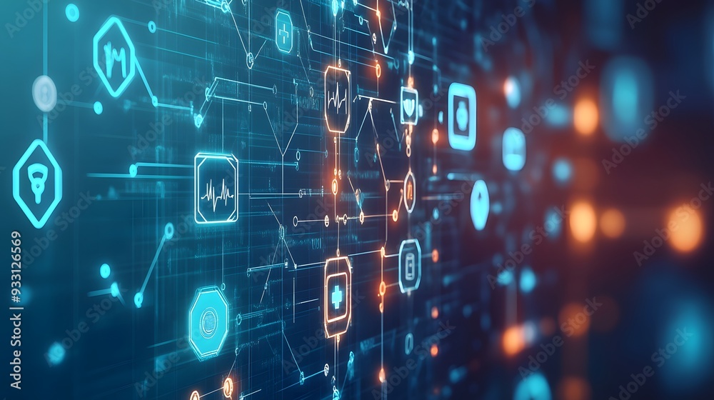 A 3D rendering of a blockchain network integrated into a healthcare system, with glowing nodes and secure data chains connecting various medical icons, illuminated by a cool, futuristic light, set A 3D rendering of a blockchain network integrated into a healthcare system, with glowing nodes and secure data chains connecting various medical icons, illuminated by a cool, futuristic light, set