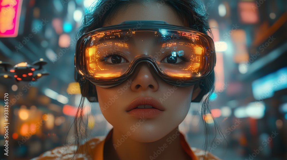 A person in VR glasses explores a detailed virtual world filled with colorful lights in a bustling urban environment. A person in VR glasses explores a detailed virtual world filled with colorful lights in a bustling urban environment.