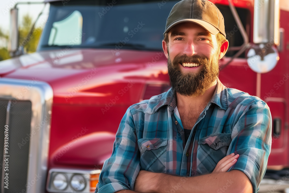 Handsome bearded truck driver standing in front of his modern semitruck, smiling at the camera with his arms crossed. Handsome bearded truck driver standing in front of his modern semitruck, smiling at the camera with his arms crossed.