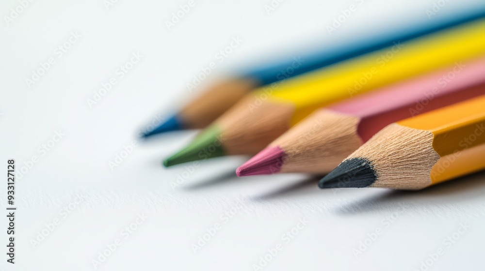 A line of color pencils aligned on a white tabletop; one pencil centrally positioned A line of color pencils aligned on a white tabletop; one pencil centrally positioned