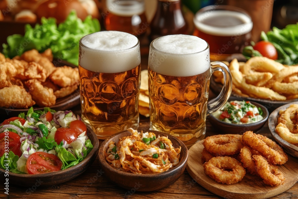 A table full of food and drinks, including two full glasses of beer A table full of food and drinks, including two full glasses of beer