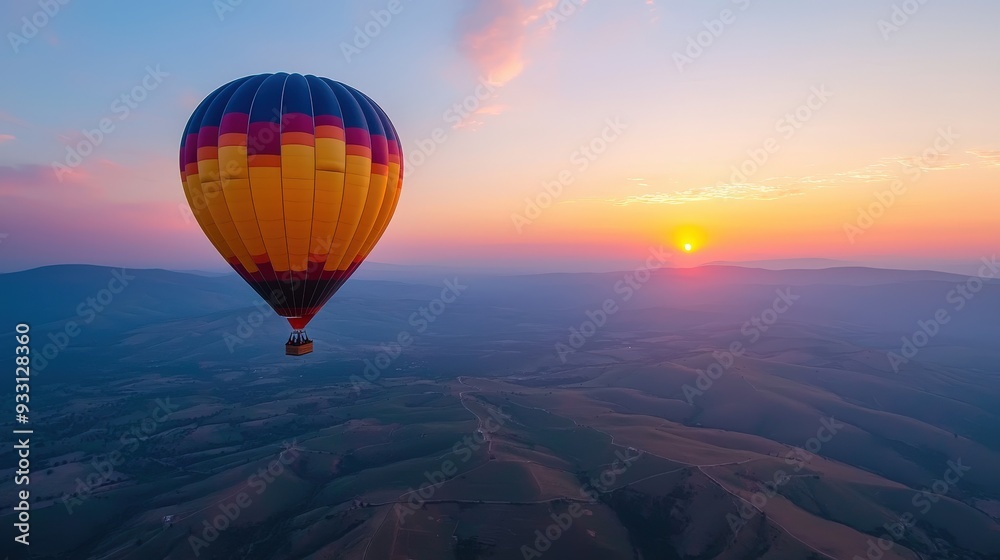 Obraz premium An amazing hot air balloon trip over stunning scenery with hues of sunrise or sunset