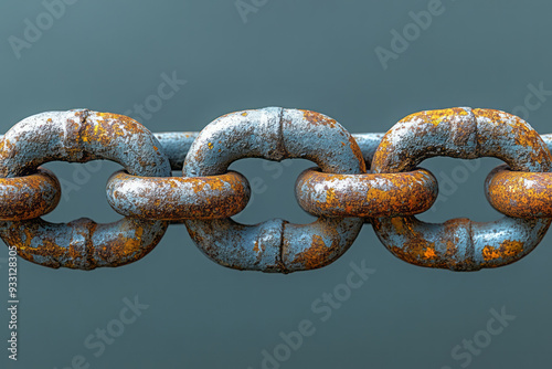 A rusted metal chain, isolated on a pastel gray background, representing the decay and weakening of materials,