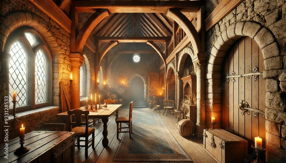 Mediaeval Building Interior. European Travel Concept Background. Generative AI