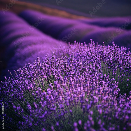 Serene Lavender Field at Twilight, Aromatic Purple Flowers in Bloom with Soft Sunset Light - Tranquil Nature Landscape