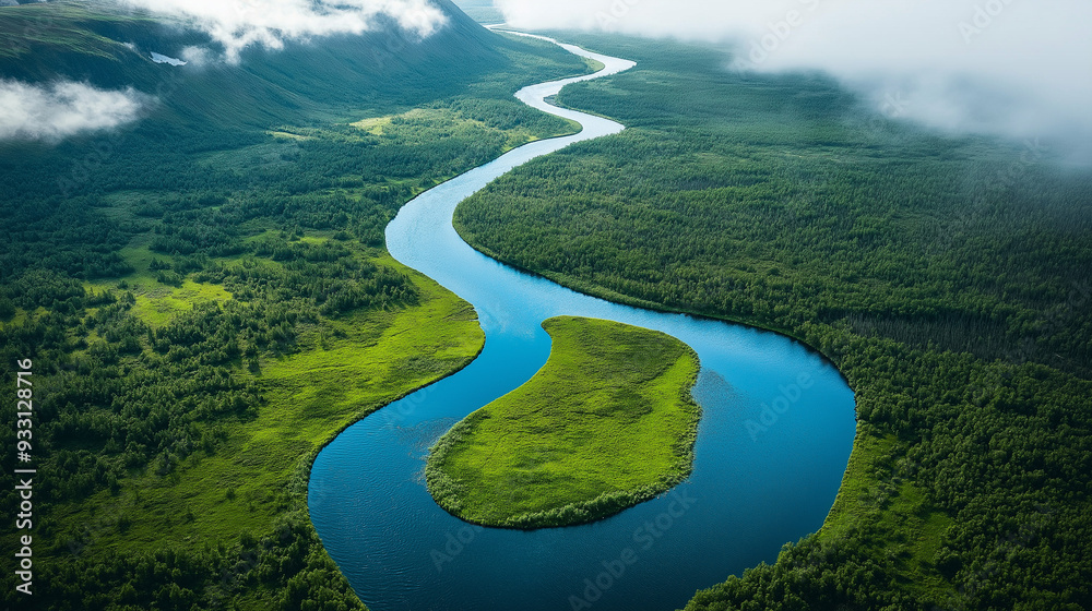Aerial view of meandering river through green valley Aerial view of meandering river through green valley