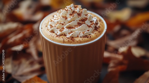 Close up of a pumpkin spice latte topped with whipped cream among autumn leaves