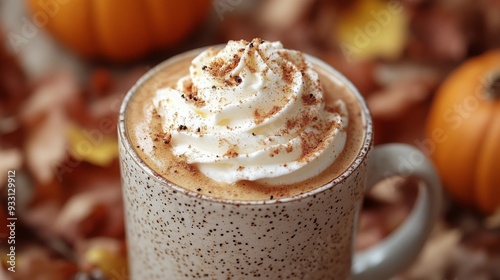 Close up of a creamy pumpkin spice latte topped with whipped cream and cinnamon among autumn leaves photo