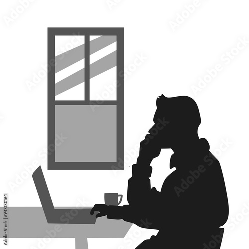 Vector Art Cartoon Silhouette of a Man Working on a Laptop in a Home Office