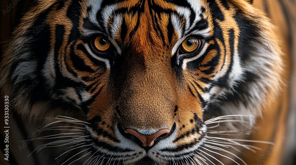 Fototapeta premium A tiger's face is shown in a close up