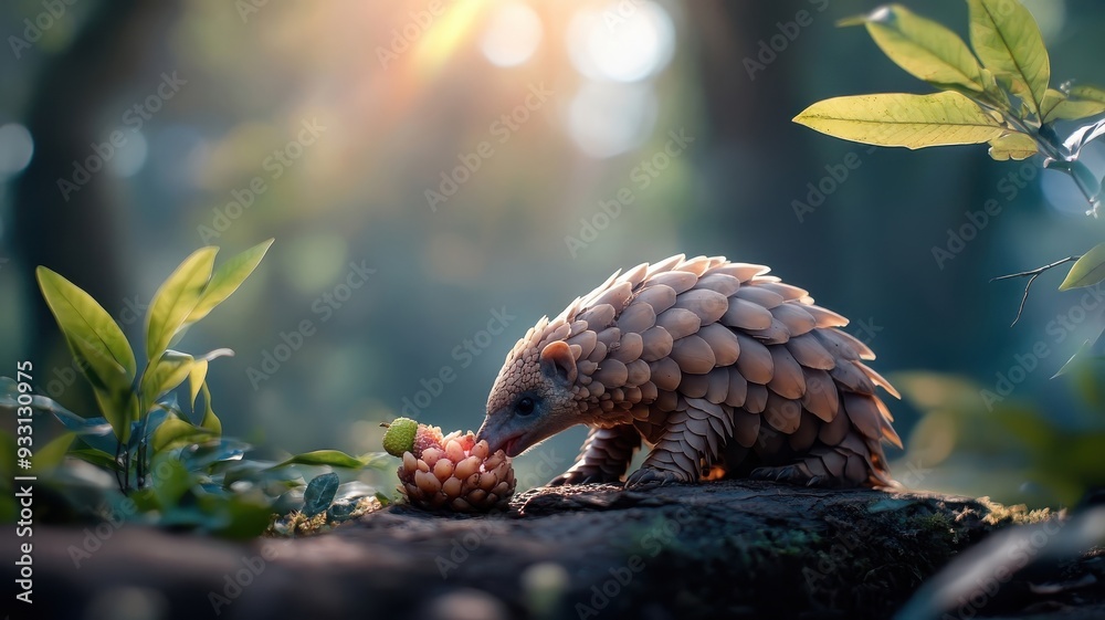Obraz premium A pangolin eating fresh fruit in a sun-dappled clearing surrounded by dense foliage.