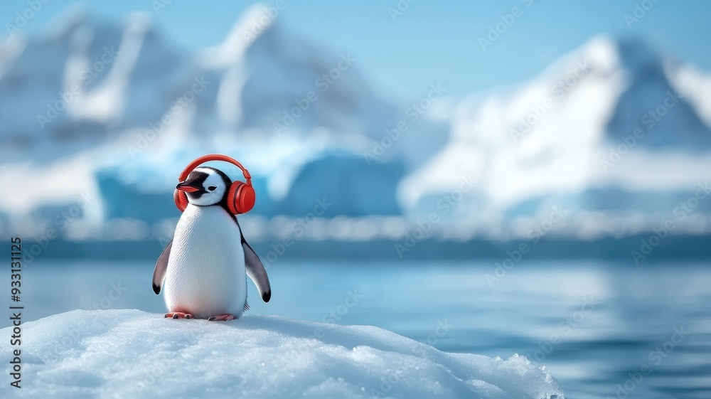 Fototapeta premium A penguin enjoying music with tiny headphones while waddling on ice.