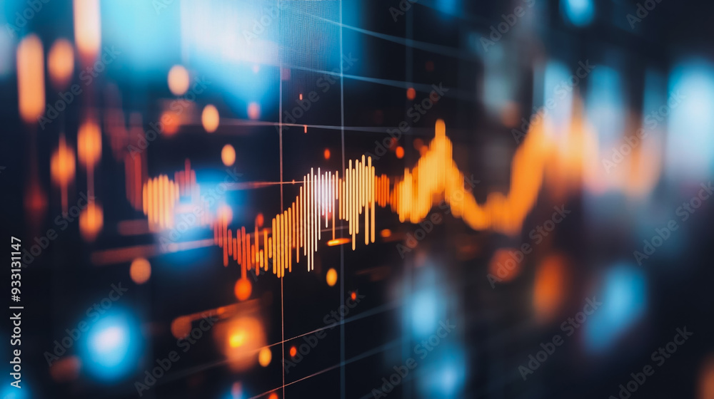 Obraz premium Abstract business team stands on the peak of success amid tall, innovative Smart city and graphs with statistics to analyze business potential and predict future developments in company growth.