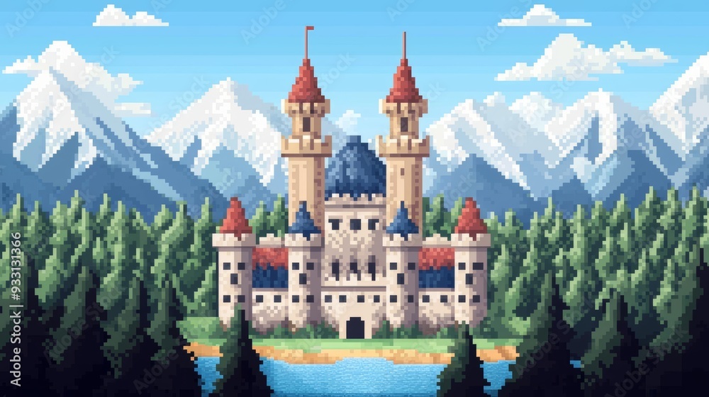Retro pixel art scene of a majestic castle surrounded by a dense forest, with a moat and pixel-perfect turrets Retro pixel art scene of a majestic castle surrounded by a dense forest, with a moat and pixel-perfect turrets
