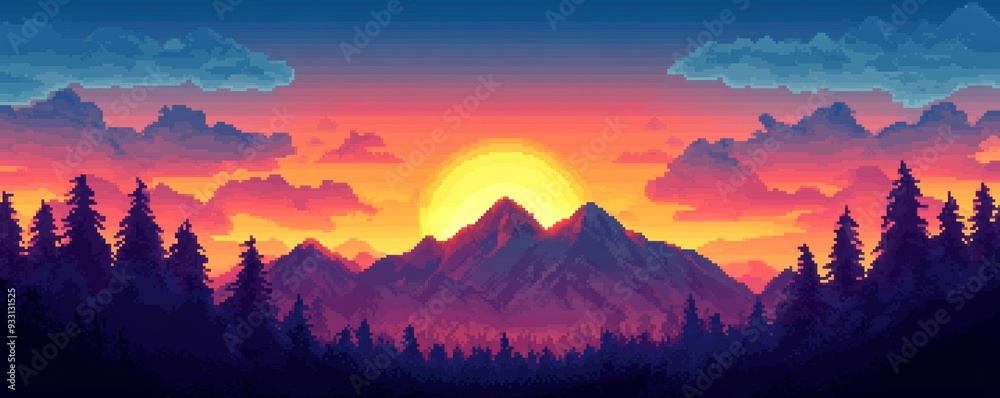 Retro-inspired pixel art of a sunset behind a mountain range, with pixel-perfect clouds and glowing skies Retro-inspired pixel art of a sunset behind a mountain range, with pixel-perfect clouds and glowing skies