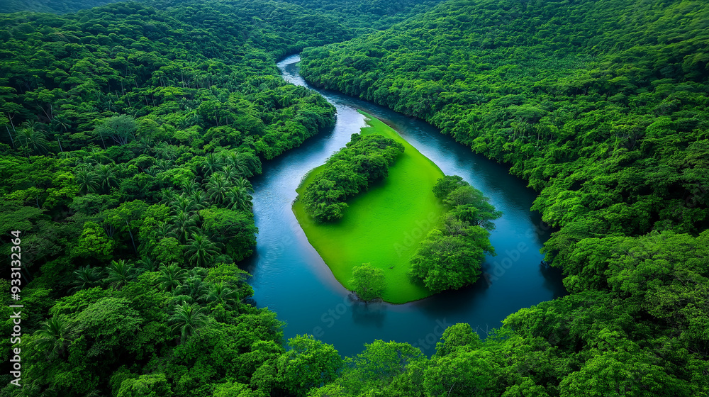 Aerial view of winding river through rainforest Aerial view of winding river through rainforest