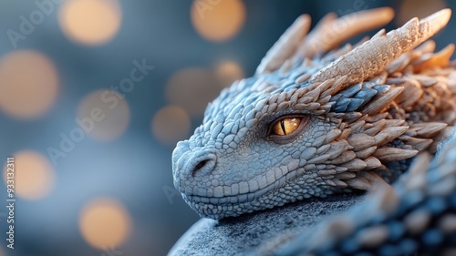 Dragon poised in studio setting, scales gleaming under professional lighting, every detail meticulously captured.