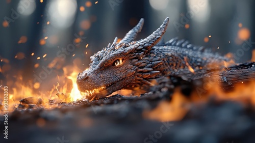 Dragon emerging from forest fire, flames merging with its fiery breath, symbolizing untamed natural power.