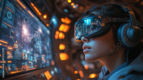 A person uses virtual reality glasses while exploring a vibrant digital interface filled with information and graphics.