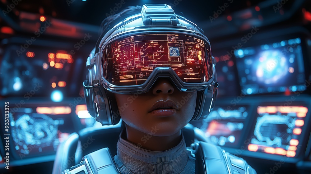 A person wearing VR glasses interacts with advanced technology in a high-tech environment, immersed in a digital experience. A person wearing VR glasses interacts with advanced technology in a high-tech environment, immersed in a digital experience.