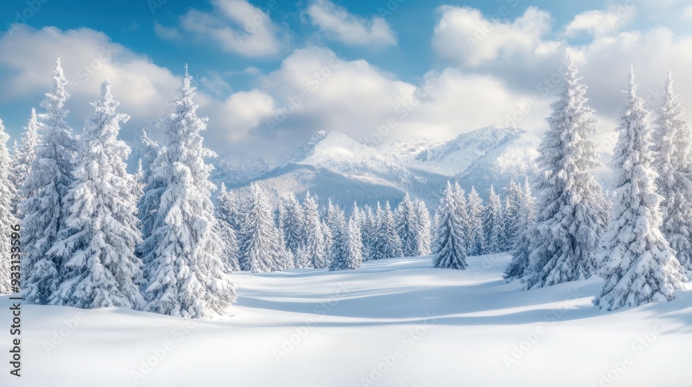 Beautiful winter landscape with snow-covered trees in the mountain forest Beautiful winter landscape with snow-covered trees in the mountain forest