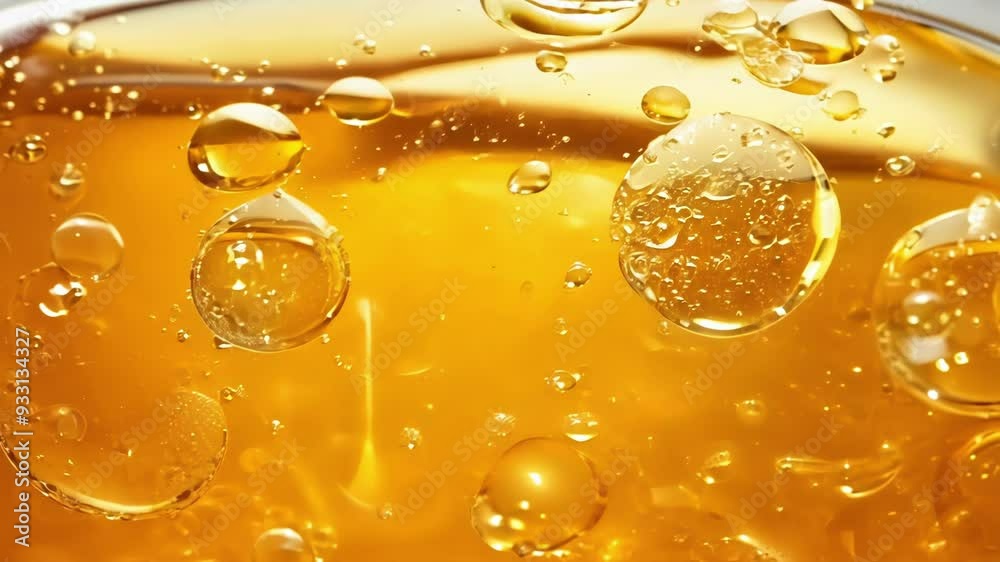 Abstract background of golden yellow liquid with bubbles forming on its surface, creating a mesmerizing and visually appealing pattern