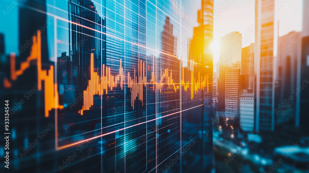 Obraz premium Abstract business team stands on the peak of success amid tall, innovative Smart city and graphs with statistics to analyze business potential and predict future developments in company growth.