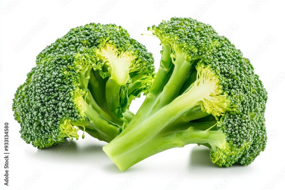 Fresh broccoli pieces isolated on white background focus on healthy nutrition