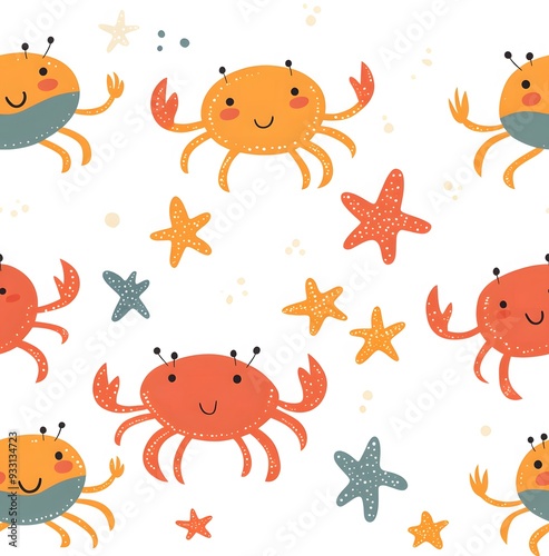 Cute cartoon pattern with crabs and starfish