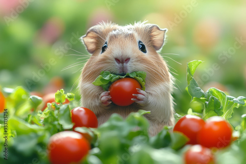 A guinea pig munching on crisp lettuce, with tiny sounds of crunching adding to the serene moment, photo