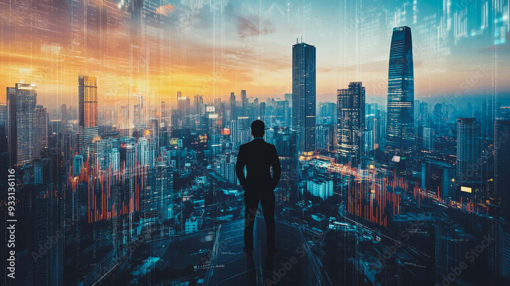 Abstract business man stands on the peak of success amid tall, innovative Smart city and graphs with statistics to analyze business potential and predict future developments in company growth. Abstract business man stands on the peak of success amid tall, innovative Smart city and graphs with statistics to analyze business potential and predict future developments in company growth.