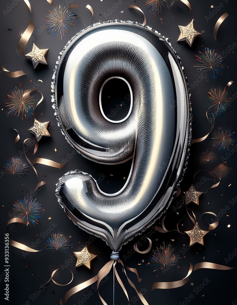 Fototapeta premium Silver birthday / anniversary balloon, number 9, black background with confetti