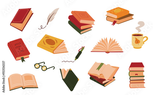 Book stack flat autumn color set. Library, reading, feather, pen, mug, glasses icons. Colorful vector illustrations on white background.