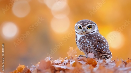 A spotted owl perched among colorful autumn leaves in a serene park at sunset