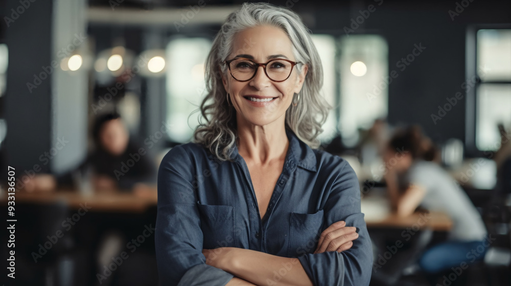 A portrait of an elegant businesswoman with shoulder-length gray hair, wearing jeans and glasses on her head. A portrait of an elegant businesswoman with shoulder-length gray hair, wearing jeans and glasses on her head.