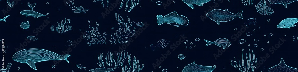 Fototapeta premium dark blue background with simple line art of various fish and sea creatures