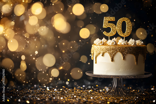 Background for a 50 years birthday anniversary concept with golden sparkling and birthday cake photo