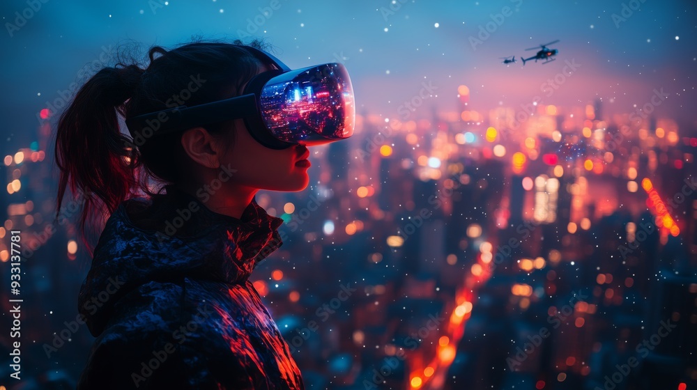 A person wearing VR glasses gazes at a colorful city skyline illuminated with lights during nighttime. A person wearing VR glasses gazes at a colorful city skyline illuminated with lights during nighttime.