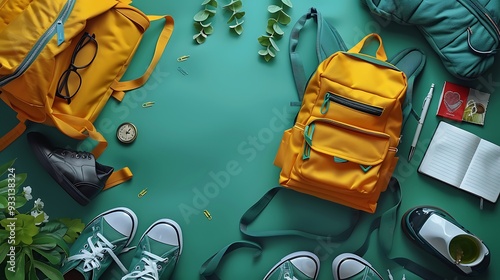 A top-down view of a school uniform, shoes, and a backpack laid out on a clean bedspread, with soft morning light streaming in from a nearby window, photo