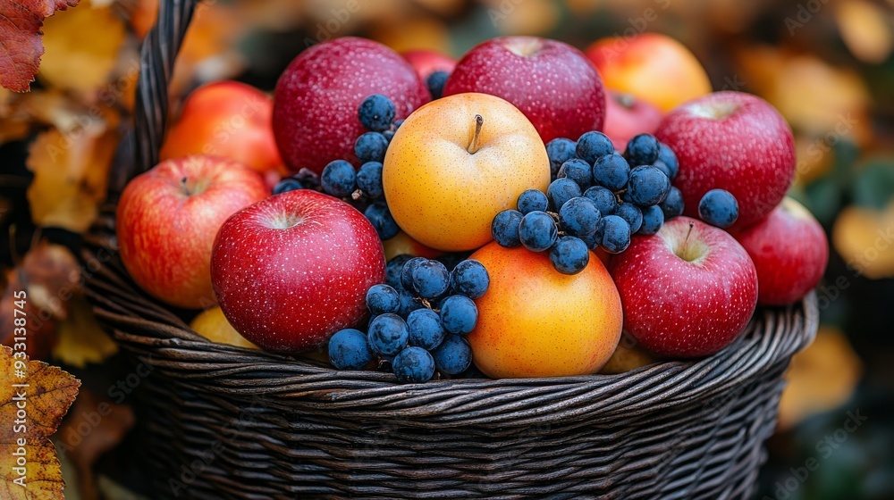 Close up of basket filled with colorful autumn fruits like apples and blueberries in rustic setting Close up of basket filled with colorful autumn fruits like apples and blueberries in rustic setting