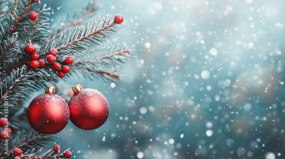 Christmas and New Year Holidays Concept with Red Balls on Fir Branches and a Winter Snowy Backdrop for a Festive Season Background Template Christmas and New Year Holidays Concept with Red Balls on Fir Branches and a Winter Snowy Backdrop for a Festive Season Background Template