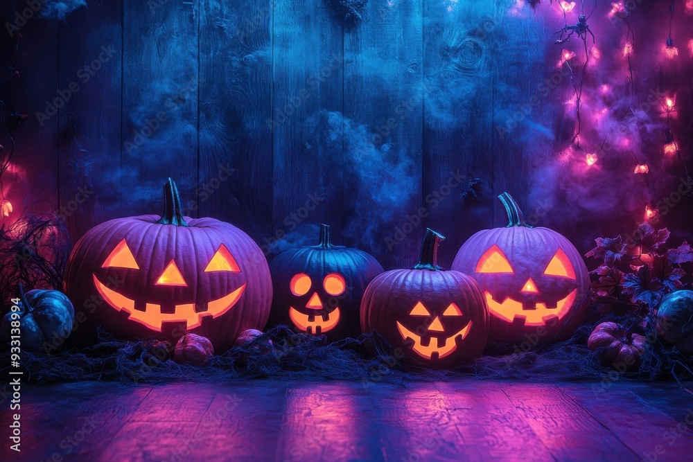 A group of pumpkins with their mouths open and eyes wide, arranged in a row A group of pumpkins with their mouths open and eyes wide, arranged in a row